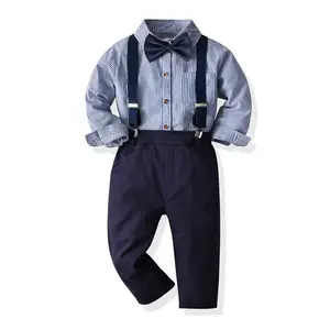 2021Autumn boy baby clothes set long sleeve stripe bow tie shirt and straps pants suits high quality boy kid clothes sets