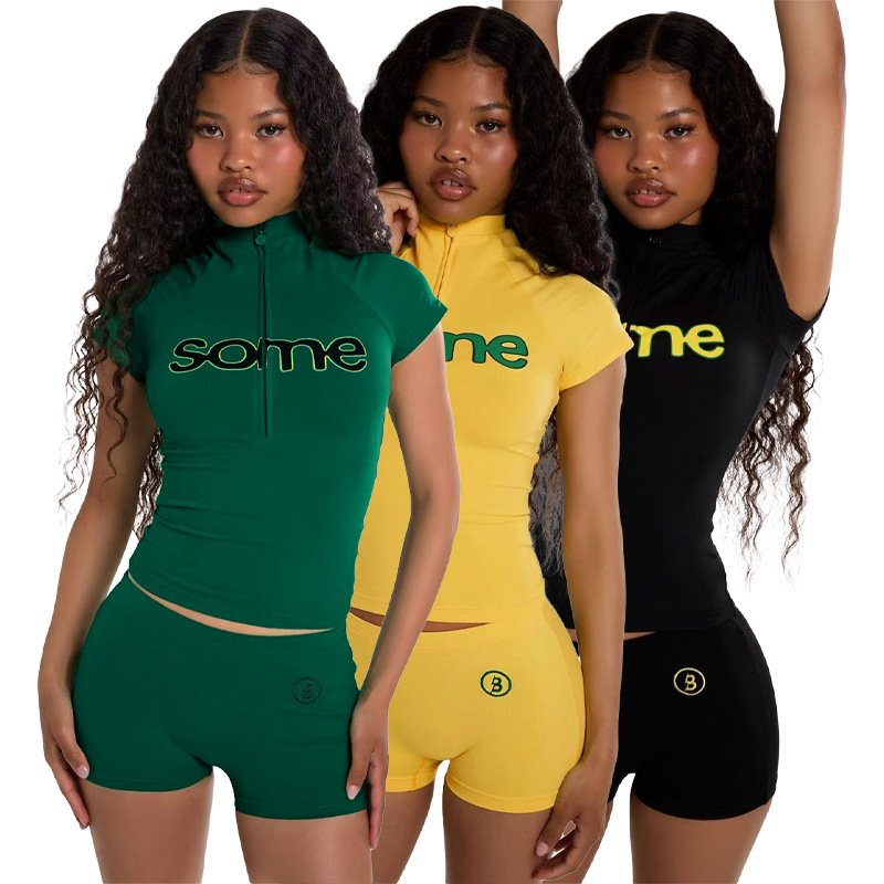CN26018 Summer European American Fashion Women's Letter Printed Velour Anti-Wrinkle Half-Zip Short-Sleeved Top Regular Fit Tight