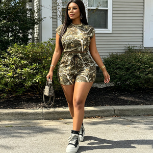 Women's Camouflage Print 2 Piece Shorts Set Casual Spring Summer Knitted <b>Tops</b> And Above Knee Shorts Regular Fit - Product Image 1
