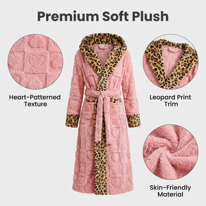 Accappatoio Invernale da Donna Originale di Fabbrica ODM con Cappuccio in Peluche, Stampa Leopardata, Lungo e Soffice in Pile, Vestaglia da <span class=keywords><strong>Notte</strong></span> e da Casa 400g - Product Image 2