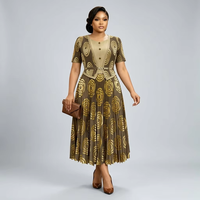 Robe Midi Plissée de Soirée Élégante à Taille Empire, Imprimé Anneaux Concentriques Dorés, Haute Élasticité, Courte, Collection Source Factory