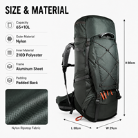 Sac à dos de camping OEM ODM 65+10L résistant à l'abrasion, spacieux, pour la randonnée, avec plaque en aluminium