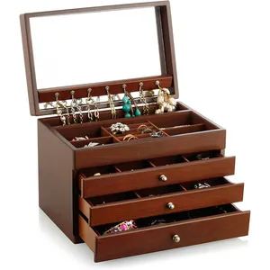 Wholesale display brown large size solid wood storage jewelry storage box with 3 drawers