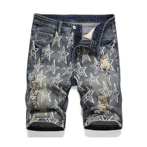 Pantaloncini di jeans da uomo di moda all'ingrosso di vendita calda pantaloncini di jeans da uomo con graffiti stampati a stella pantaloncini di lavaggio vintage estivi invecchiati