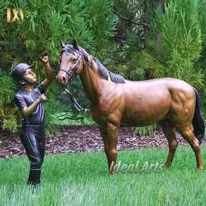 Decoración al aire libre jardín carrera caballo Jockey escultura tamaño real metal bronce caballo con escultura de niña