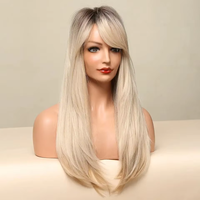 Perruques synthétiques longues et droites Ombré Brun Blond Yihaoyi avec frange, perruque de cosplay pour femmes, résistante à la chaleur, aspect naturel
