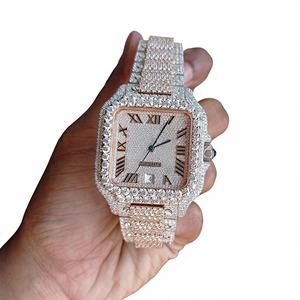 Montre pour homme de luxe personnalisée de style romain, boîtier carré, plaqué or rose, sertie de diamants, style glacé - Product Image 1