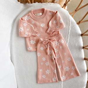 Ensembles de vêtements pour enfants 100% coton tricoté, combinaison chaude à manches longues à fleurs avec étiquette - Product Image 5