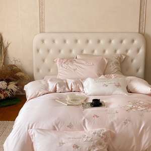 Haute qualité 100s longue agrafe coton couverture rose broderie couette couverture ensemble de literie lin - Product Image 4