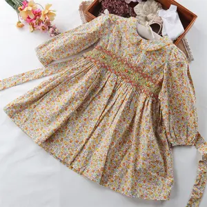 OEM 1-8 years old wholesale fall baby girls smocked children clothing handmade long sleeve boutiques