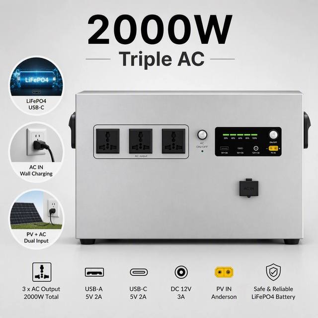 2000W Portable Power Station LiFePO4 Solar Generator Triple AC USB-C 12V DC PV Camping RV Home Outdoor