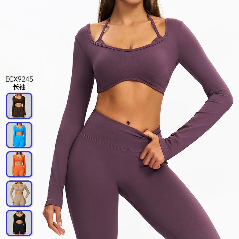 Seamless Reversible Plus Size Yoga Long Sleeves Two-in-one T-shirt Cropped Skinny Fit Breathable Eco-Friendly Quick Dry Front