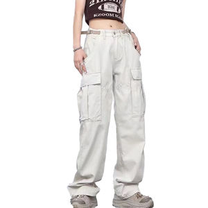 Jeans <span class=keywords><strong>cargo</strong></span> taille haute personnalisés pour <span class=keywords><strong>femme</strong></span>, style streetwear, multi-poches, coupe ample et décontractée, jambe large - Product Image 4