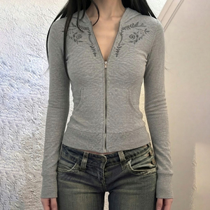 Women Floral Embroidery <b>Zip</b> Up Hoodie Slim Fit Grey Sweatshirt Jacket Casual Streetwear Long Sleeve Outerwear - Product Image 3