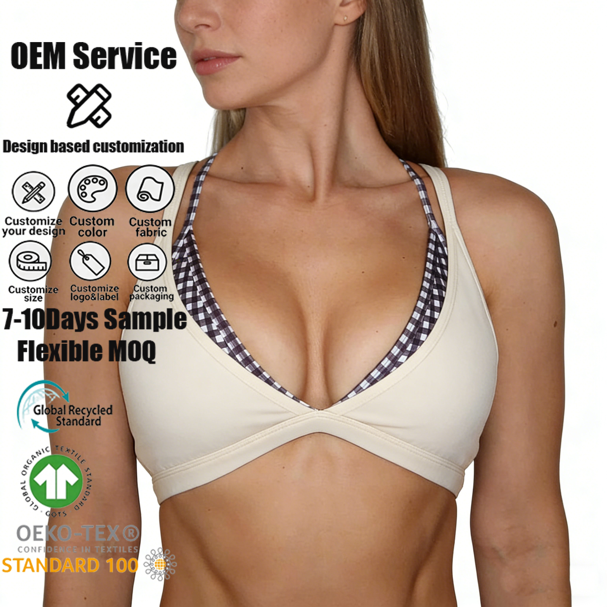 Custom Logo Women's Deep V-Neck Cross Back Sports Bra Double Layer Strappy Padded Yoga Gym Bra for Workout Fitness