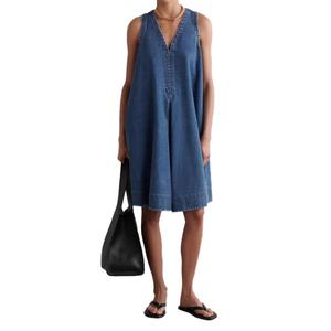 เดรสยีนส์แฟชั่นฤดูร้อนใหม่สำหรับผู้หญิง คอวีลึก แขนกุด ทรงหลวม สไตล์วินเทจ - Product Image 1