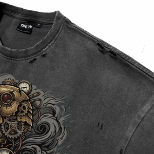 <b>Men's</b> Vintage Distress Acid Wash T Shirt <b>Punk</b> Mechanical Raven Head with Letter Print Oversized Short Sleeve Tees for Wholesale - Product Image 6