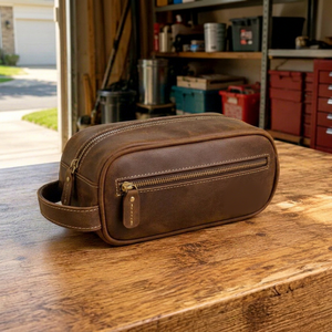 Custom Leather Cosmetic <b>Bag</b> Genuine Leather <b>Men</b> Women Travel <b>Toiletry</b> Dopp Kit Waterproof Shaving Wash <b>Bag</b> LYG-0174 - Product Image 1