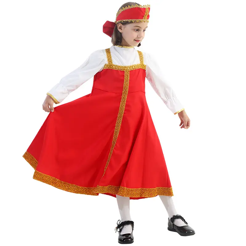 กระโปรงเด็กผู้หญิงชุดเดรสสีแดงสำหรับการแสดงบนเวทีชุดประจำชาติรัสเซียชุดเดรส2024