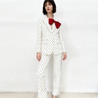 Ensemble tailleur pantalon et blazer à pois avec nœud élégant, livraison rapide, pour femme