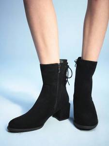 <span class=keywords><strong>Botines</strong></span> de Ante Negro Estilo Europeo <span class=keywords><strong>para</strong></span> <span class=keywords><strong>Mujer</strong></span>, Tacón Grueso Medio, Cierre Trasero con Cordones y Cremallera, Botas Cortas Elásticas <span class=keywords><strong>para</strong></span> Damas - Product Image 1