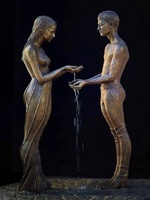 Sculpture de fontaine moderne décorative pour parc extérieur, en bronze, représentant une femme nue et une figurine d'ange en cuivre coulé poli, avec eau courante, en promotion