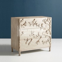 Commode en bois de style rustique américain avec motif de feuilles d'élan, armoire de style antique français vieilli, décorative avec relief floral d'oiseaux