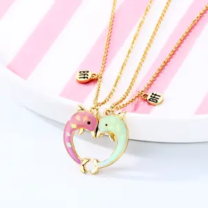 Wholesale 2pcs Children Jewelry Accessories Cute Enamel Dolphin Fries Bff Magnetic Necklace For Little Girls