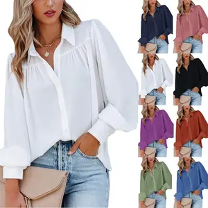 Women's Solid Color Lantern Long Sleeve Casual Button Up Shirt Women's Blouses And Tops Women's Clothing