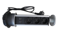 Stop Kontak Manual Tersembunyi Warna Hitam Perak di Meja Dapur dengan 3 Stop Kontak AC EU dan 2 Port USB untuk Pengisian Daya