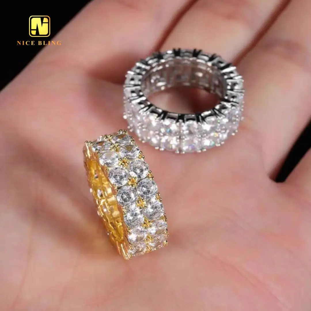All'ingrosso anelli hiphop di moda 925 argento moissanite diamanti anelli da tennis 3mm doppie file di fidanzamento fede nuziale per uomo donna