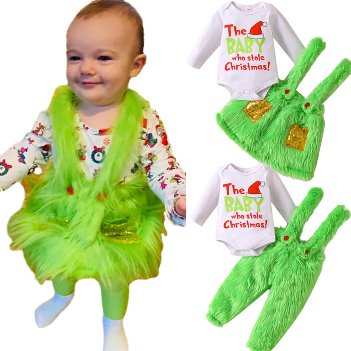 2023 Who Stole Christmas Baby Romper Grinch Monster Green Fur Suspender faldas traje disfraces de Navidad conjuntos de ropa para niñas