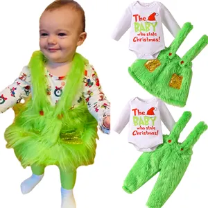 2023 Who Stole Christmas Baby Romper Grinch Monster Green Fur Suspender Skirts Outfit Christmas Costumes Baby Girls Clothes Sets