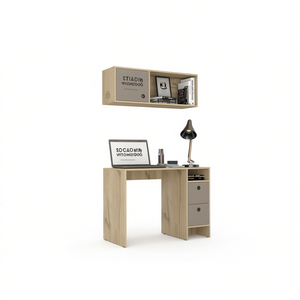 2-<b>Shelf</b> 3-Drawer Office <b>Desk</b> Set Light Oak Taupe Modern Design Home Workspace Furniture - Product Image 1