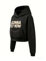 Sweat à capuche unisexe en molleton 100% coton, écologique, anti-boulochage, noir délavé et vieilli, avec impression typographique 'GONNA FLY NOW'