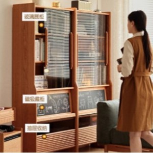Zeyang Nordic <b>Solid</b> <b>Wood</b> <b>Bookcase</b> Cherry <b>Wood</b> Glass Doors Storage Cabinet Freestanding Bookshelf With Adjustable Partitions - Product Image 2