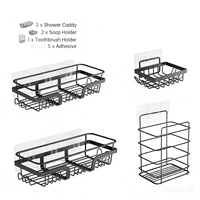 Ensemble d'étagères de salle de bain adhésives en acier inoxydable 5 pièces - Porte-savon sans perçage, crochets, panier de douche - Organisateur de salle de bain antirouille