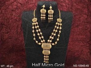 Magnifique ensemble de collier long en or uni pour femmes, bijoux ethniques anciens, perles, demi-micro-or poli, design fantaisie, à porter pour les fêtes - Product Image 5