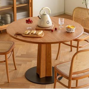 Mesa de comedor redonda de madera de cerezo nórdico, estructura estable de madera maciza para uso doméstico - Product Image 1