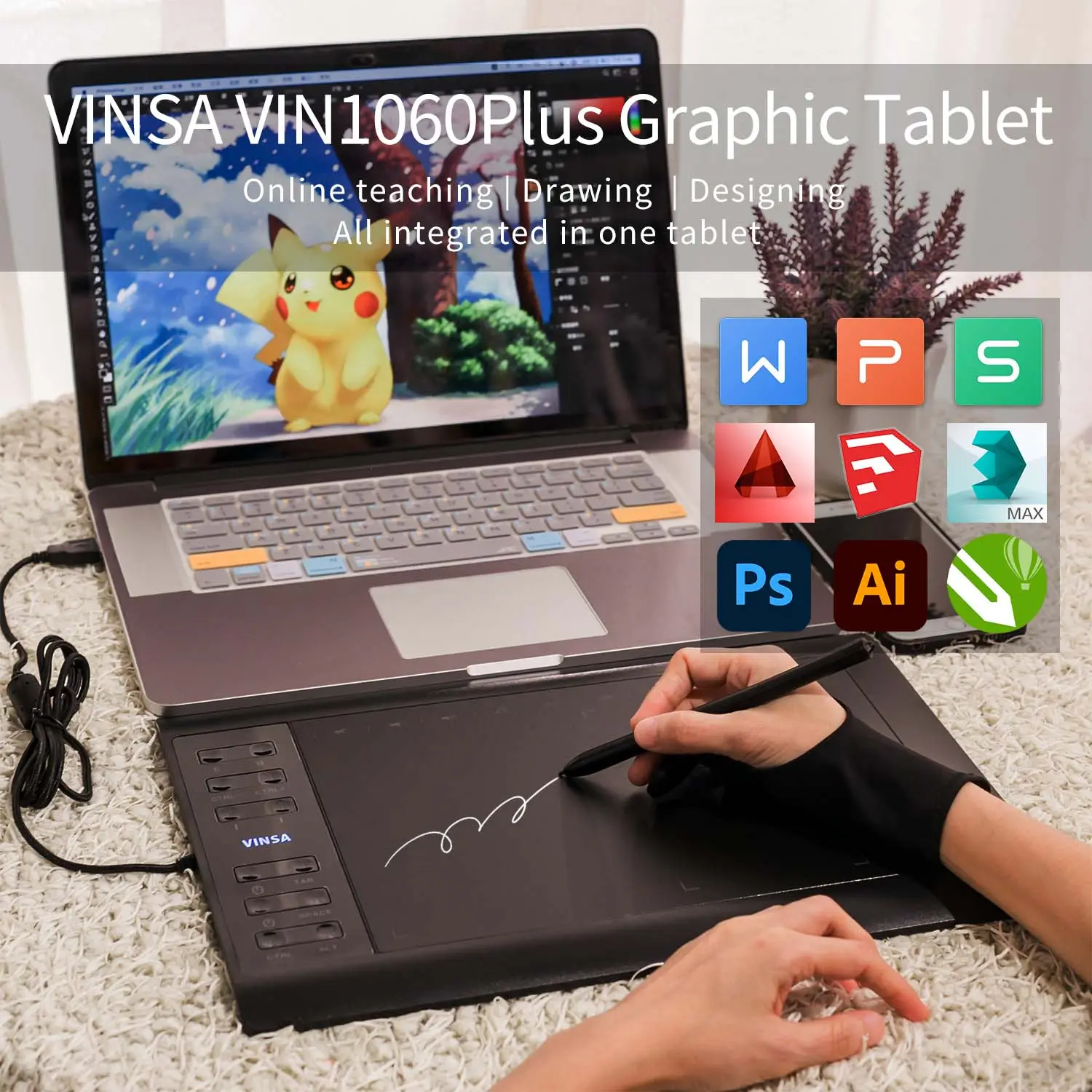 Vinsa 1060Plus Pen Tablet 12 Express Key For Artist With Battery-Free Stylus Pen Tablet