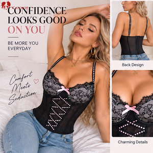 Schmal geschnittenes Bustier mit gepolstertem Oberteil, schwarzes Spitzenkorsett für Partykleidung - Product Image 2