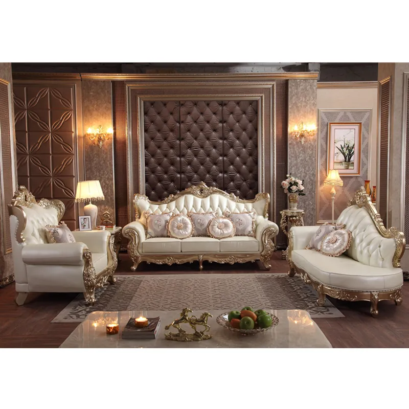 Living Room Sofas Furniture Antique Loyal Golden Sofa European Style Classic Genuine Leather Sofa Sets