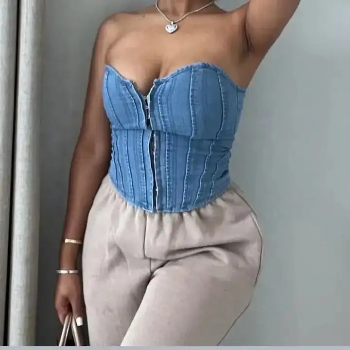 Newest trendy ladies strapless sexy top women shapers lace up jean denim bustier corset top