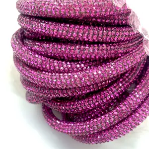 Factory direct wholesale 6 mm dia fuchsia crystal rhinestone hoodie rope draw strings for lady handbag