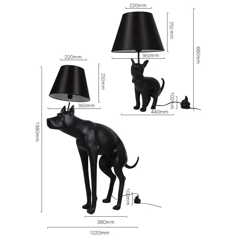 Seni Sederhana Penutup Kain Resin Anjing Besar Lampu Lantai LED Ruang Tamu Hotel Klub Hewan Kecil Lampu Meja Anjing Hitam untuk Ruang Tamu E27