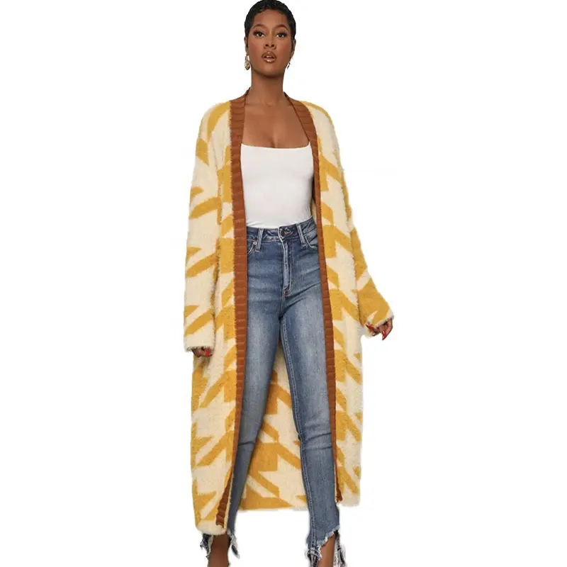 Hot Sale Lattice Pattern Woman Long Cardigan Custom Loose Sweater Plus Size Coat From Manufacturer