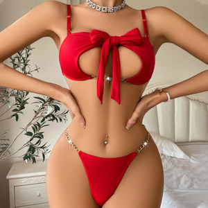 Conjunto de lencería OEM de nuevo diseño con lazo hueco, 1 pieza, superventas, con lazo de felpa rojo y bordado teñido con hilo. - Product Image 2