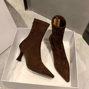 Bottes pour femmes en daim à talon aiguille et fermeture éclair, style coréen, automne-hiver 2025, chaussettes fines élastiques à la cheville - Product Image 1