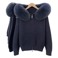 Nouveau pull en tricot à capuche décontracté automne/hiver avec col en vraie fourrure de renard, fermeture éclair courte – Vêtement d'extérieur élégant et polyvalent pour femme