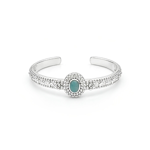 Brazalete Abierto de Plata de Ley con Cabujón Ovalado – Brazalete Granulado Texturizado con Diseño Artesanal - Product Image 1